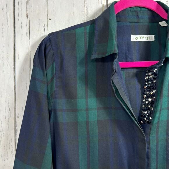 Orvis Womens Plaid Button Down Shirt with Beaded Trim Green Navy Preppy Classic - Picture 3 of 16